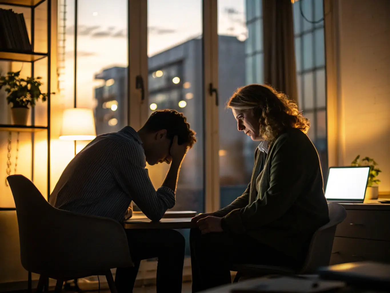 An image depicting a counselor providing guidance to a resident in a comfortable, modern office setting at Action Sober Homes. The scene conveys trust and support.