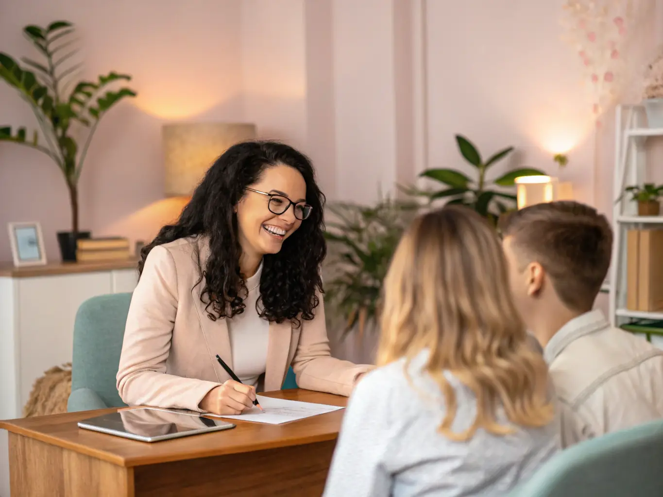 A person reviewing credit reports with a counselor in a comfortable, supportive environment. The scene highlights improvement and financial health.