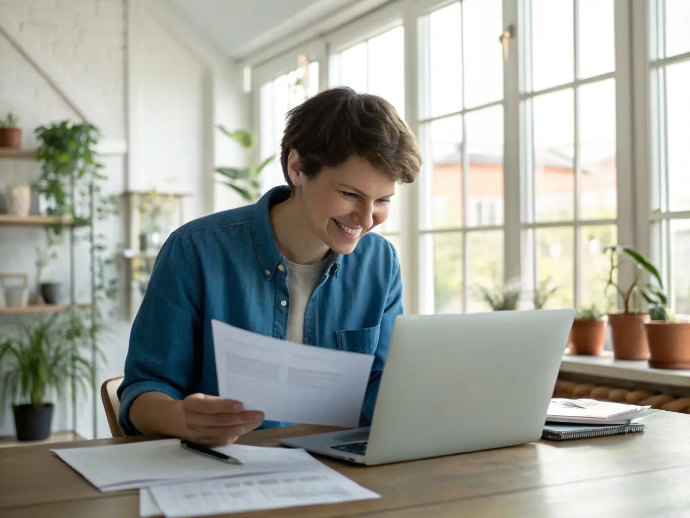 A person sitting at a desk reviewing financial documents with a counselor in a well-lit, modern office setting. The scene conveys trust and guidance.