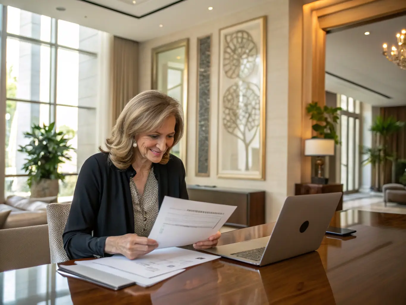 A person using a laptop to review tax documents with a counselor in a bright, organized office. The scene emphasizes accuracy and support.